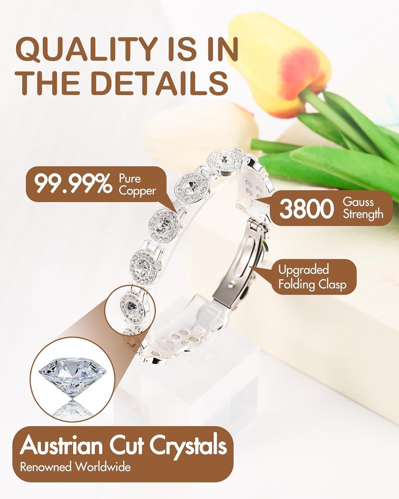 Feraco Pure Copper Bracelets for Women, 4X Ultra Strength Magnetic Bracelet with 3800 Gauss Neodymium Magnets & Dazzling Austrian Cut Crystals Stone, Adjustable Jewelry Gift - Image 4